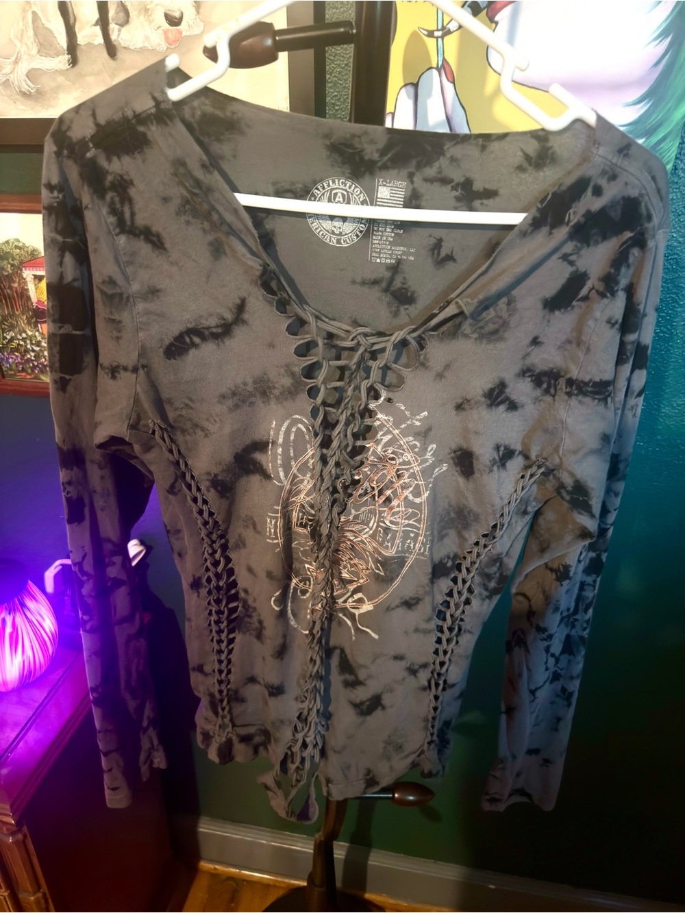 Affliction Black & Gray Lace-Up Tie-Dye Long Sleeve Top with Center Graphic